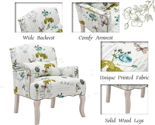 Miniatura 9 de Shunzhi Sillas decorativas florales estilo granja, tapizadas, silla de lectura, moderna de mediados de siglo, sofá individual con almohada
