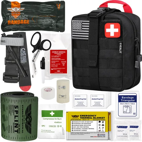 EVERLIT Kit de Trauma de Emergencia, Torniquete CAT GEN-7, Férula de 36", IFAK Táctico de Combate Militar para Respuesta de Primeros Auxilios, Negro