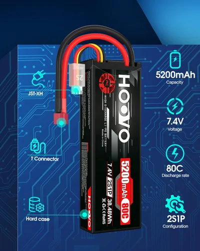 Miniatura 2 de HOOVO 2S 7.4V 5200mAh 80C RC LiPo - Carcasa rígida con conector T para vehículos RC Buggy, coche, barco, camión (paquete de 2)