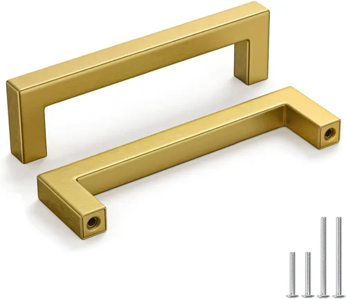 Homdiy Paquete de 6 tiradores de bronce cepillado de 4- 1/2 pulgadas, herrajes dorados, cuadrados para gabinete de cocina, armarios; 4- 1/2 pulgadas