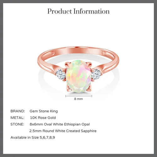 Miniatura 6 de Gem Stone King Anillo de compromiso de oro rosa de 10 quilates con ópalo etíope blanco y zafiro blanco creado con 3 piedras para mujer