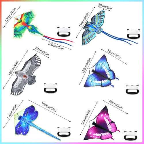 Miniatura 2 de Leitee Paquete de 6 cometas grandes para niños y adultos, cometa de mariposa para niños de 4 a 8 a 12 años, libélula, búho, loro, águila, pez