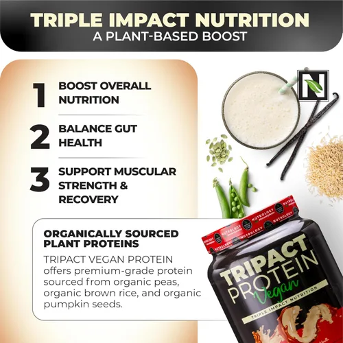 Miniatura 5 de Nutrology TRIPACT Proteína vegana en polvo, mezcla orgánica de guisantes, arroz y calabaza, batido de reemplazo de comidas con BCAA y glutamina