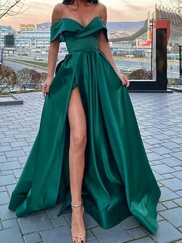 Miniatura 3 de SoDigne Vestidos de graduación con hombros descubiertos y abertura larga para mujer, vestido de fiesta de noche formal de satén con bolsillos