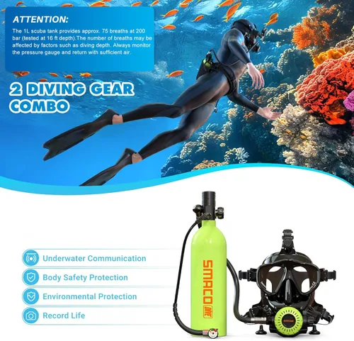 Miniatura 2 de SMACO Mini tanque de buceo con máscara de buceo de cara completa, S400 Pro 1L Mini tanque de buceo portátil botella de poni reutilizable hasta 20