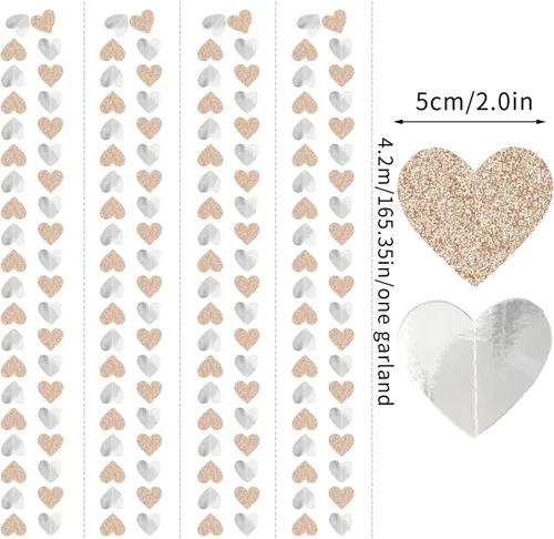 Miniatura 2 de Guirnalda de Corazón para Decoración de Fiesta Disco Boho Champán-Plateado - 52 pies Purpurina Cumpleaños Nochevieja Telón de Fondo Colgante Plata