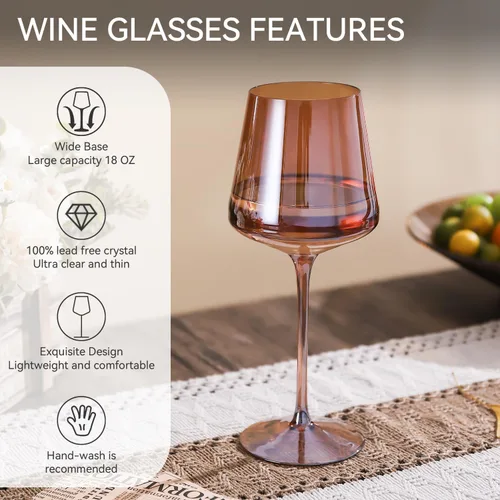 Miniatura 5 de Juego de 6 copas de vino marrón de 18 onzas, color ámbar oscuro, juego de regalo para fiestas, vasos de vidrio soplado a mano marrón para vino tinto