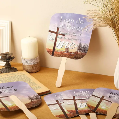 Miniatura 3 de Tradder 50 abanicos de papel grueso para iglesia cristiana, abanicos de mano religiosos con mango de madera, regalos religiosos, fanáticos de salón