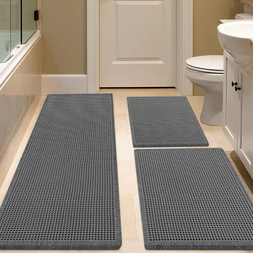Miniatura 44 de IM HOME Tapete de baño de punto gofre, color caqui, de 24 x 17 pulgadas, tejido bohemio, moderno, absorbente, antideslizante, suave, lavable