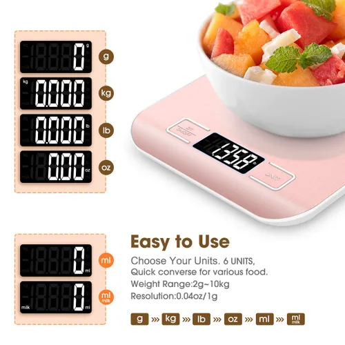 Miniatura 3 de Mik-Nana Báscula de cocina digital rosa de 22.0 lbs/22 libras, peso gramos y onzas para hornear y cocinar, graduación precisa de 1 g/0.1 oz, acero
