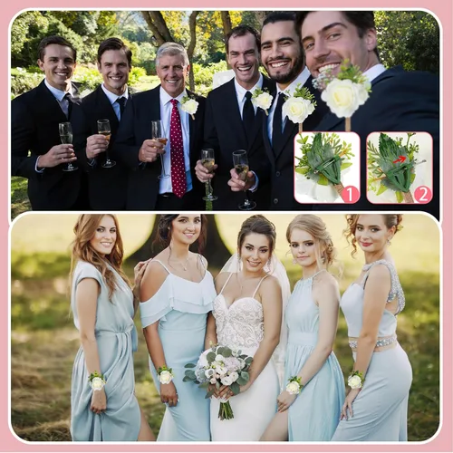 Miniatura 4 de Sherr Juego de 60 piezas de ramillete de rosas y boutonniere, rosa marfil, pulsera de flores para novia, dama de honor, ramillete para novio