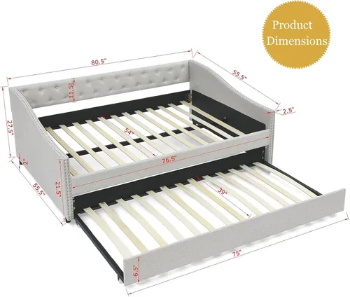 Miniatura 2 de Sofá cama matrimonial con nido, marco de cama moderno de madera con botón copetudo y cabeza de clavos, sofá cama tapizado con nido extraíble