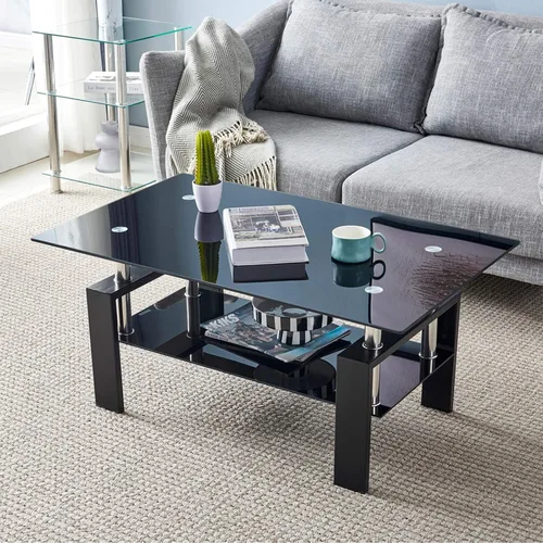Miniatura 6 de Mesa de centro rectangular de cristal negro de 43.3 pulgadas, mesa de centro transparente, mesas centrales laterales modernas para sala de estar
