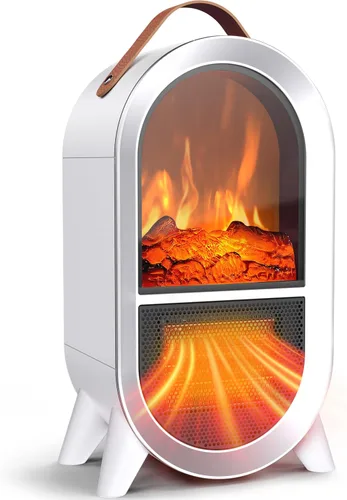 Riseon - Calentador de chimenea eléctrico portátil, 1500W/750W, mini calentador de espacio para uso en interiores con llama 3D, termostato, asa de