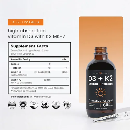 Miniatura 2 de NutraChamps Gotas de vitamina D3 K2, vitamina líquida D3 5000 UI y K2 D3 con MK7, gotas de vitamina D para niños, huesos, salud cardíaca e