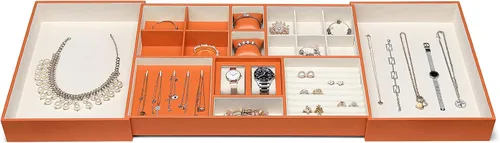 Miniatura 6 de Bandeja grande de joyería para mujeres y hombres caja organizadora de joyas para cajón aparador armario con 2 cajones extraíbles aretes anillo