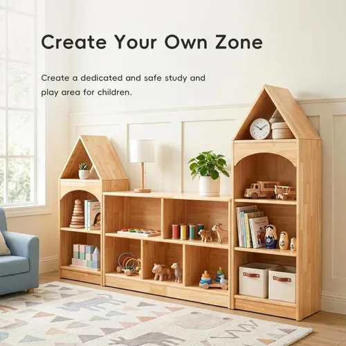 Miniatura 5 de OOOK Rubberwood Montessori - Estante organizador y almacenamiento de juguetes de 3 niveles, armario esquinero de madera para habitación de niños