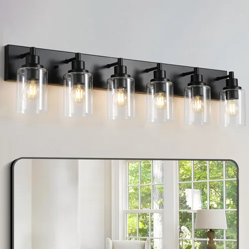 Miniatura 14 de LOUSACE Lámpara de tocador de baño de 3 luces, lámparas de baño negro mate sobre el espejo, iluminación moderna de baño con pantalla de vidrio