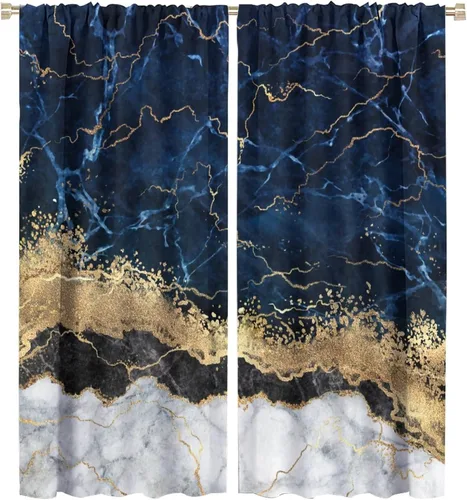 Miniatura 78 de Cortinas abstractas de mármol de lujo de lujo azul marino dorado a rayas con patrón de mármol estampado para dormitorio, sala de estar, cortinas