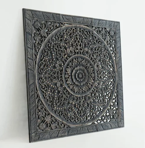 Miniatura 2 de Cabecera de cama individual Black Wash, paneles de madera de teca reciclada tallada a mano, madera en pared, arte para colgar, hecho a mano
