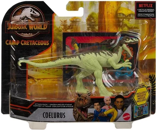 Miniatura 6 de Jurassic World Camp Cretácico Attack Pack Figura de dinosaurio Coelurus con 5 puntos de articulación, escultura realista y textura; para edades de 4