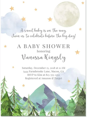 Mountain Moon and Stars Baby Shower Invitations, Base price is for a set of 10 5x7 inch card stock invitations with white envelopes