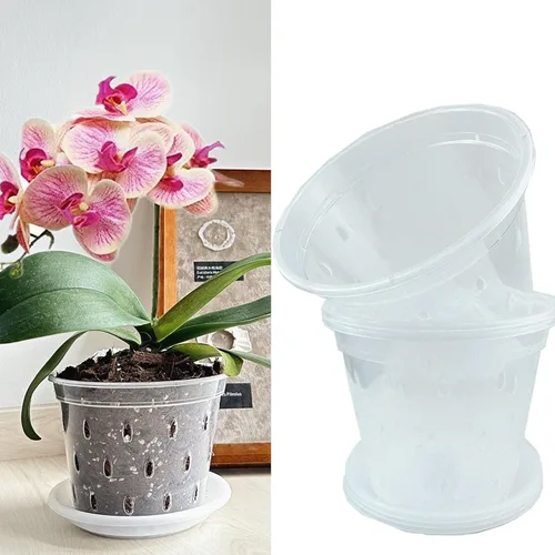 DESOMINOR Paquete de 4 macetas de orquídeas transparentes, macetas de plástico de 4.8 pulgadas, 5.6 pulgadas y 7 pulgadas con agujeros y platillos,