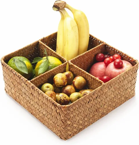 Miniatura 4 de Cesta de almacenamiento tejida de hierba marina con 4 secciones divididas, cesta de mimbre organizadora para encimeras/armario/estante/aparador