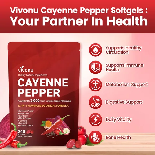 Miniatura 4 de VivoNu Suplemento de cápsulas blandas de pimienta de cayena, apoya la salud de las venas de las piernas, el corazón y los vasos sanguíneos