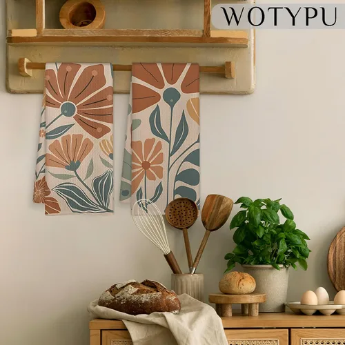 Miniatura 4 de Groovy - Juego de 2 toallas de cocina vintage bohemias, florales naranjas y verdes, estilo retro de los años 70, diseño botánico botánico
