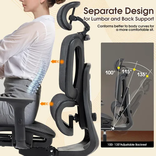 Miniatura 6 de Silla de oficina ergonómica con soporte lumbar ajustable, reposabrazos y reposacabezas 3D, silla reclinable de 135° con base de acero grande, silla