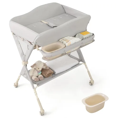 BABY JOY Cambiador portátil para bebé, estación de cambio de pañales plegable con ruedas, altura ajustable, estante de almacenamiento grande, lavabo