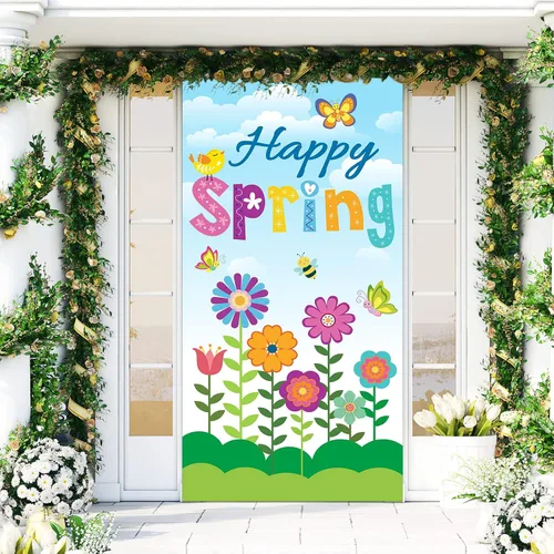 Miniatura 6 de Whaline Decoración de cubierta de puerta con texto en inglés «Hello Spring» con diseño floral de primavera para puertas delanteras, pancarta