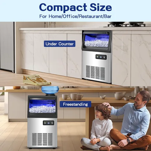 Miniatura 9 de Amzgachfktch Máquina de hielo comercial, 110 libras/24 horas, máquina de hielo para debajo del mostrador con 2 entradas de agua, máquina de hielo
