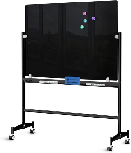 Pizarra magnética de vidrio móvil negro sobre ruedas de 48 x 36 pulgadas, altura ajustable, caballete portátil, pizarra de borrado en seco de vidrio