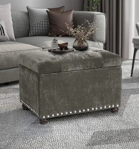 Miniatura 8 de Homebeez Banco otomano de almacenamiento copetudo, taburete de terciopelo con parte superior elevadora y ribete de cabeza de clavo (gris oscuro)