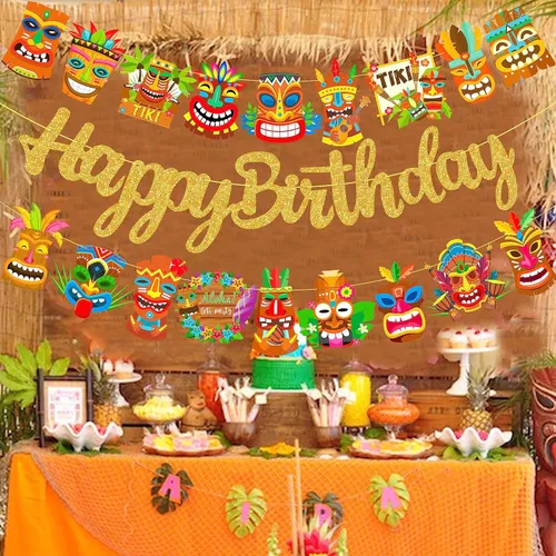 Miniatura 8 de Hawai Luau - Pancarta hawaiana de Tiki para fiesta de cumpleaños, 3 unidades, decoración de fiesta de Aloha para colgar, guirnaldas de Tiki