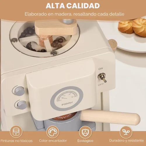 Miniatura 6 de Pithfor - Juego de simulación de café de madera para niños con molinillo, juguete de cafetera para niños y niñas, accesorios y electrodomésticos