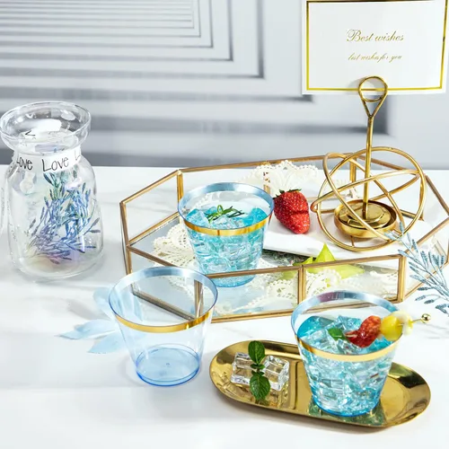 Miniatura 5 de LUODA 150 vasos de plástico azul, vasos desechables transparentes de 9 onzas con borde dorado, vasos de plástico con borde dorado, vasos de plástico