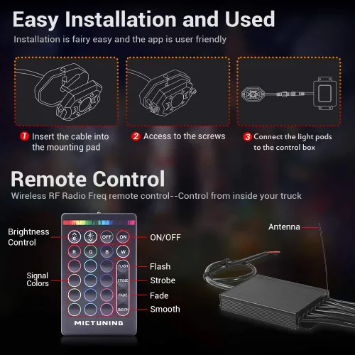 Miniatura 6 de MICTUNING Kit de luces LED RGB 2025 mejorado, 8 cápsulas de luz neón multicolor con control remoto RF a prueba de agua 12V para autos, camiones