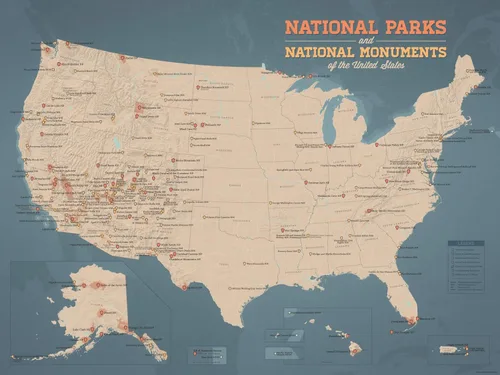 Póster de mapa de parques y monumentos nacionales de EE. UU., 18 x 24 pulgadas, color marrón y azul pizarra