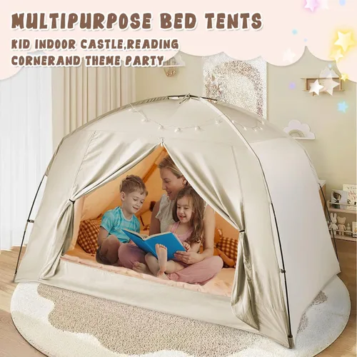 Miniatura 8 de Tiendas de cama para niños y adultos, portátil, 100% transpirable y 85% opaca, tienda de juegos y sueños para niños pequeños, 3 puertas gran espacio