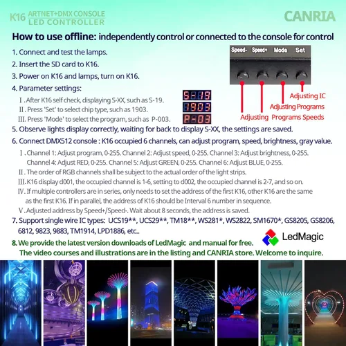 Miniatura 4 de Controlador LED de consola K16 ARTNET+DMX, control de iluminación profesional, adecuado para SPI TTL, en línea sin conexión, programable
