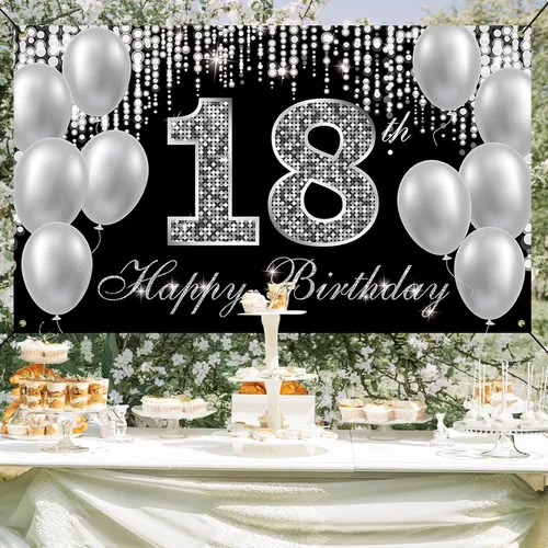 Miniatura 3 de Cartel de fondo de 18 cumpleaños, decoraciones de feliz cumpleaños 18 para niños y niñas, negro y plateado para fiesta de cumpleaños de 18 años