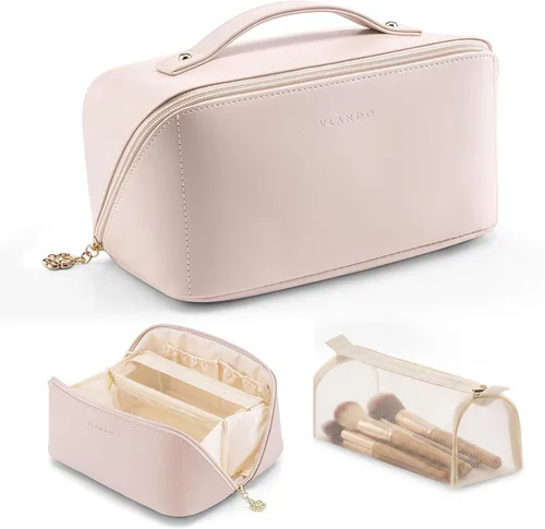 Miniatura 8 de Vlando Bolsa de maquillaje de viaje, neceser para mujer, piel sintética, abierta, plana, bolsa de maquillaje, Clásico elegante