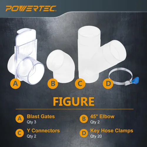 Miniatura 2 de POWERTEC Kit de accesorios de recolección de polvo de 2-1/2 pulgadas con conectores transparentes, puertas de explosión y abrazaderas de manguera