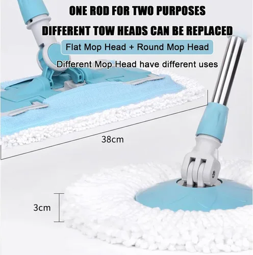 Miniatura 4 de Cubo de trapeador giratorio 360 Sistema de limpieza de piso giratorio con cabezal de fregona de piso plano y cabezal de trapeador redondo, mango