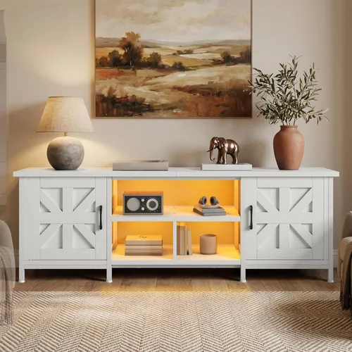 Miniatura 6 de DWVO Soporte de TV de granja con toma de corriente y luces LED, consolas de TV para televisores de hasta 70 pulgadas, centro de entretenimiento