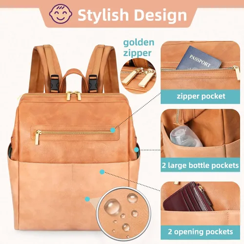Miniatura 4 de MOMINSIDE Mochila para pañales, bolsa de pañales de cuero, bolsa de bebé, bolsa de pañales grande para bebé, bolsa de mamá con 16 bolsillos, bolsa