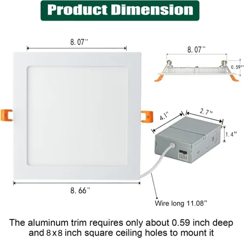 Miniatura 4 de Paquete de 4 luces LED empotrables cuadradas de 8 pulgadas regulables con caja de conexiones, 3CCT 3000K-4000K-6000K seleccionables, 1600LM CRI 90+
